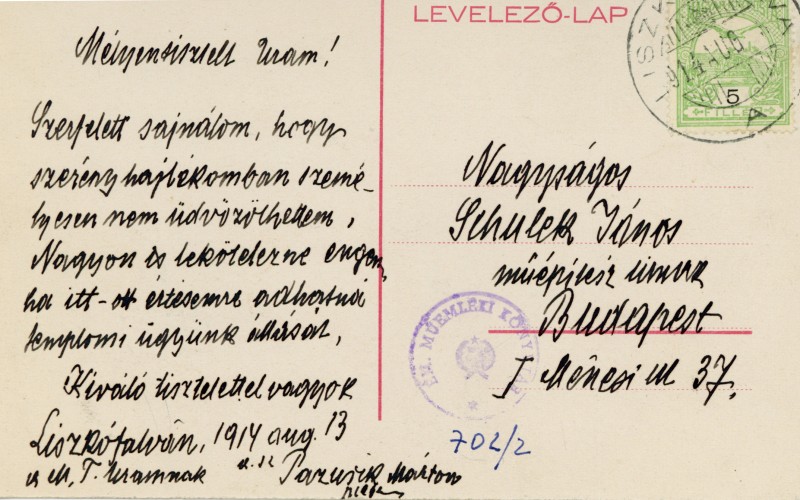 Az előbbi képeslap verzója a helyi plébános Schulek Jánosnak küldött üzenetével, Tudományos Irattár, Lymbus K 702/2. 