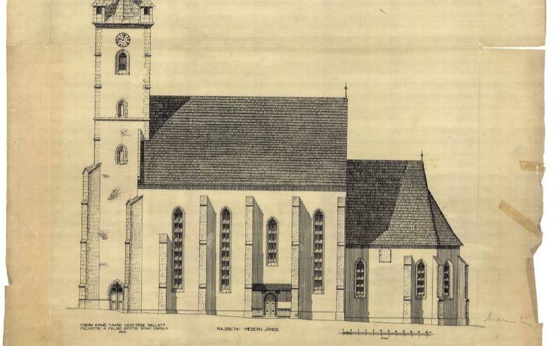 Medeán János: Dés, ref. templom. Déli homlokzat. 1913. MÉM MDK Tervtár, ltsz. K 134