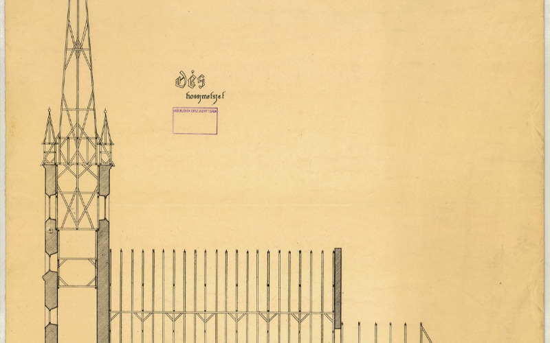 Foerk Ernő: Dés, ref. templom. Hosszmetszet – helyreállítási terv. 1914. MÉM MDK Tervtár, ltsz. K 167