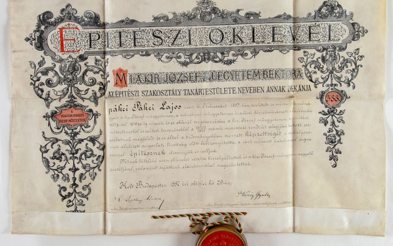 Építészi oklevél, 1887. MÉM MDK Múzeumi Osztály, ltsz. 69.021.2