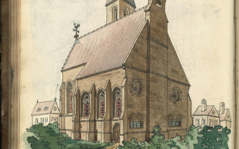 Haselbach, Szent Valentin zarándoktemplom. Részlet Schulcz 1863-as vázlatkönyvéből. MÉM MDK, Tervtár, ltsz. K 12994