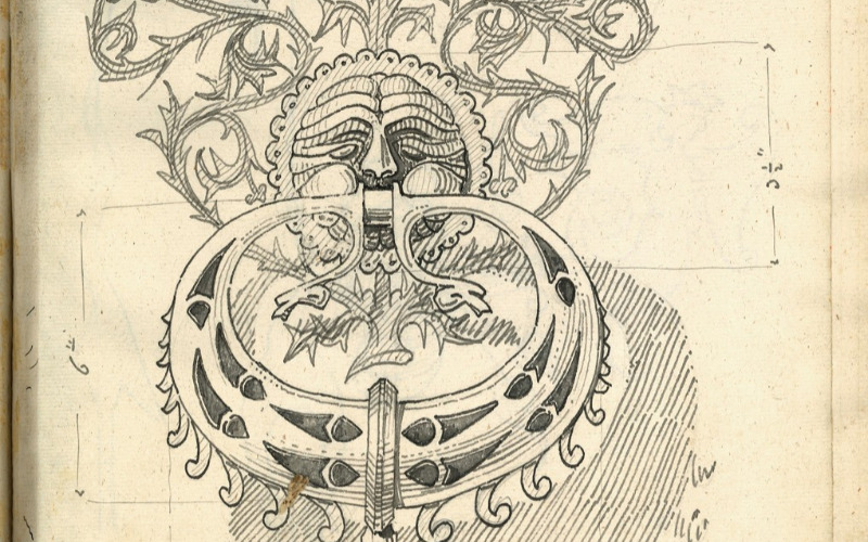 Braunau, Szent István templom oldalkapu kopogtató méretarányos ceruza rajza az 1863-as vázlatkönyvből. MÉM MDK, Tervtár, ltsz. K. 12979