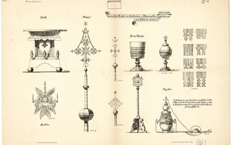 Schulcz, Rómer és Henszlmann vázlataiból és felméréseiből készített kiszerkesztett részletrajzok. Wiener Bauhütte nyomat. MÉM MDK Tervtár, ltsz. K 7771