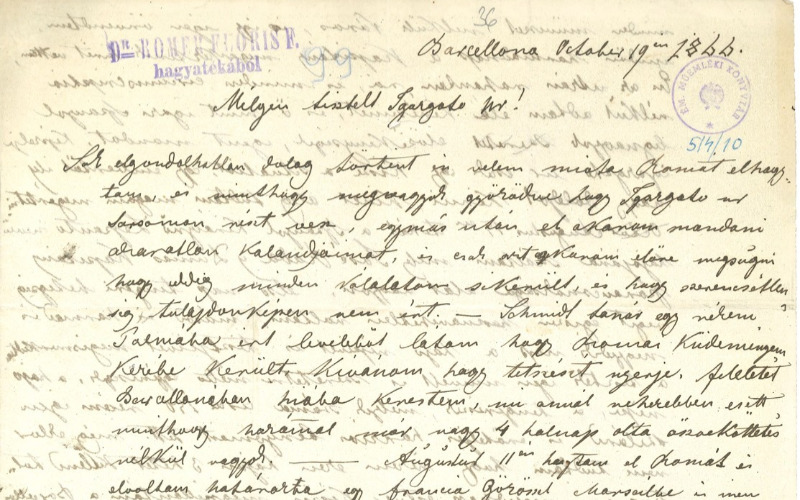 Rómer Flórisnak címzett levél Barcelonából. 1866. Rómer Flóris hagyaték. MÉM MDK Tudományos Irattár, Lymbus, ltsz. 514/10