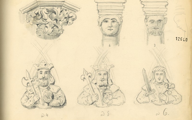 Eperjes, r. k. templom, konzolok és fejezetek – vázlatrajz (Tervtár, ltsz. K 12600)