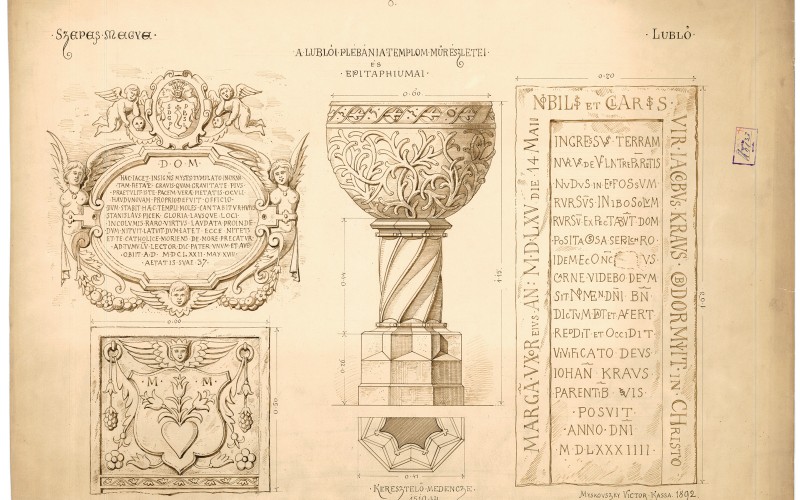 Lubló, r. k. templom, sírkő, keresztelőmedence és epitáfium (Tervtár, ltsz. K 4133)