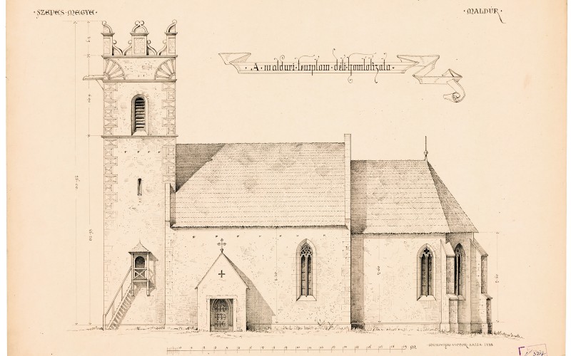 Maldur, r. k. templom, déli homlokzat (Tervtár, ltsz. K 3317)