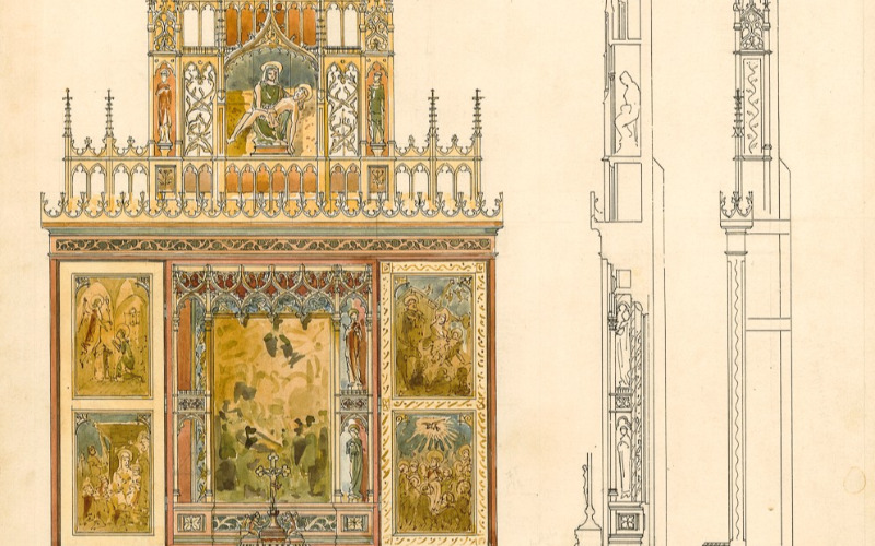 Csütörtökhely, Zápolya-kápolna, oltár, nézetrajzok és metszetrajz [1899-1900]. (Tervtár, ltsz. K 222)