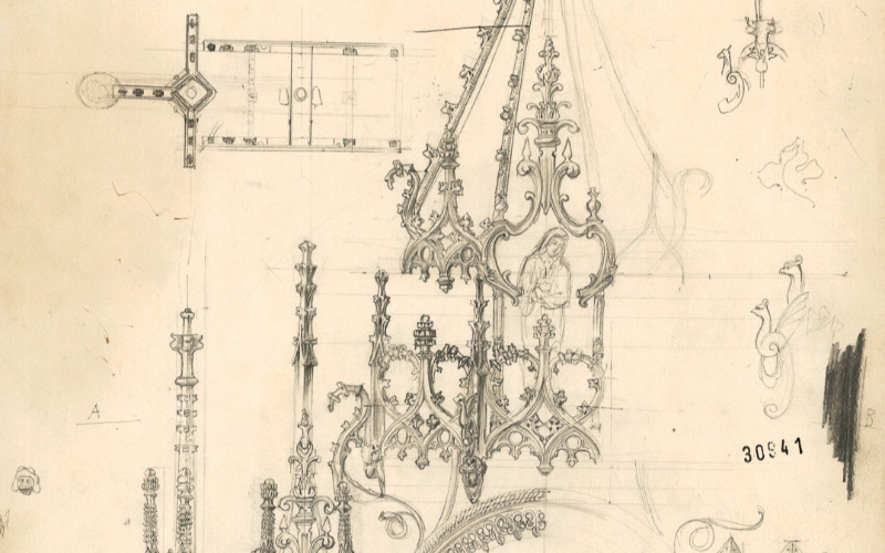 Garamszentbenedek, bencés apátság, monstrancia részletrajzok [1876]. (Tervtár, ltsz. K 30941)