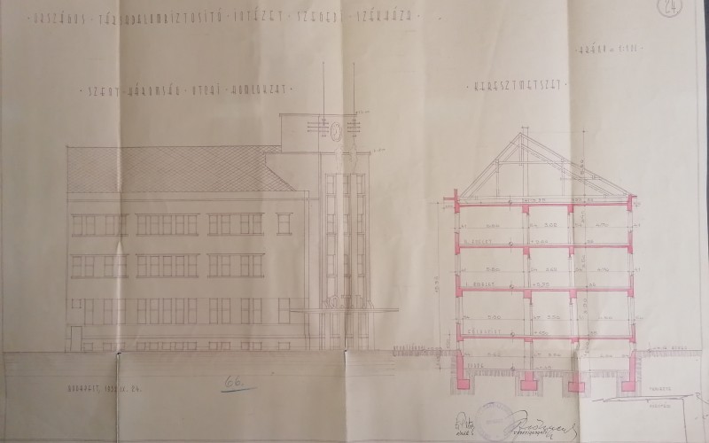A szegedi OTI-székház egyik meglévő tervlapja. MNL Csongrád-Csanád Vármegyei Levéltár, HU MNL CSML KL XV.2a 21814/1936. Fotó: Kovács Dániel