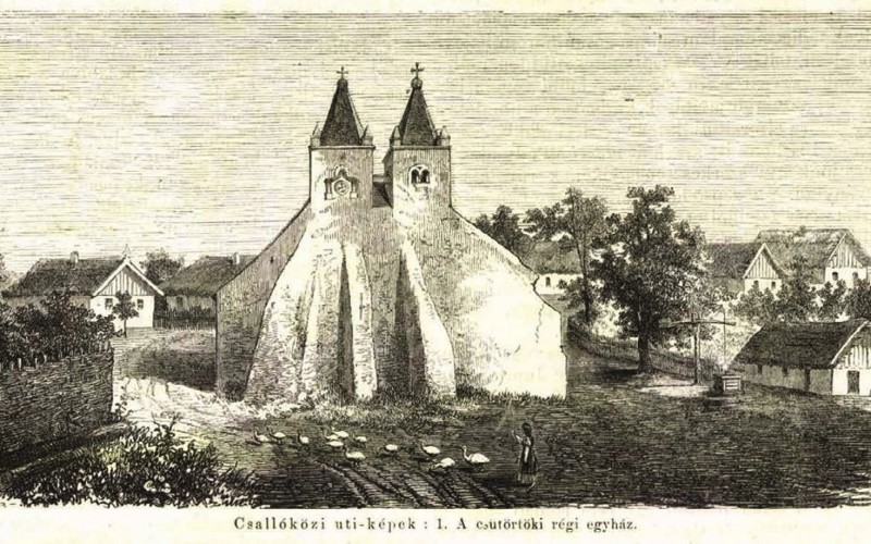 Csallóközcsütörtök, római katolikus templom, távlati kép nyugat felől (Vasárnapi Ujság, 1858. január 10. 17.)