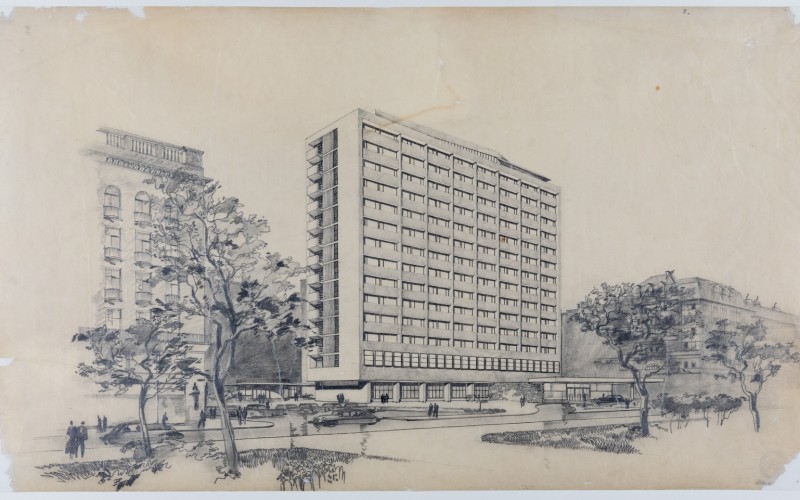 Szendrői Jenő (1913-2000) aláírásával: Irodaház a Sztálin (Erzsébet) téren. Rajzoló: Tálos Gyula (1887-1975). Perspektíva. Papír, ceruza, 1949. MÉM MDK Múzeumi Osztály, ltsz. 2023.35.1.