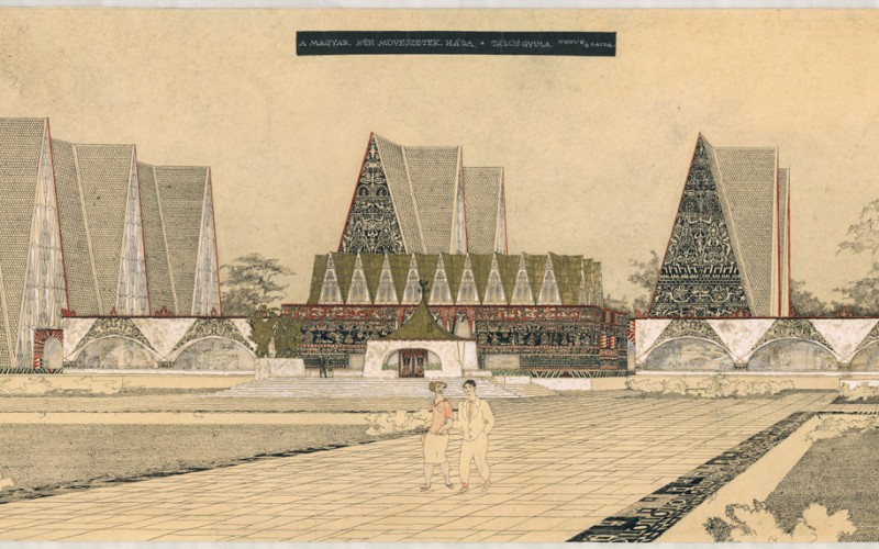 Tálos Gyula: Népi Művészetek Háza, főhomlokzat. Tus, akvarell, papír, 1957. MÉM MDK Múzeumi Osztály, ltsz. 74.31.22.5