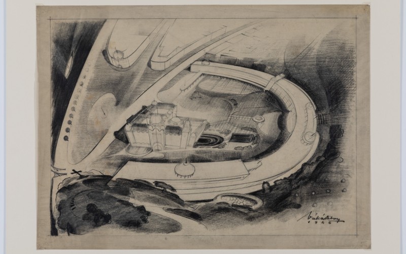 Vákár Tibor (1908-2002): A Gellért fürdő kibővítése, 1946. Szén, ceruza, papír. MÉM MDK Múzeumi Osztály, ltsz. 2023.10.5