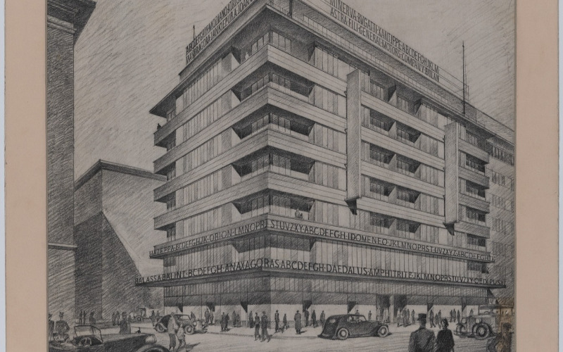 Györgyi Dénes (1886-1961): Bérház a Rákóczi út 12. alatt, tervváltozat, 1935. Papír, ceruza. MÉM MDK Múzeumi Osztály, ltsz. 69.025.685.