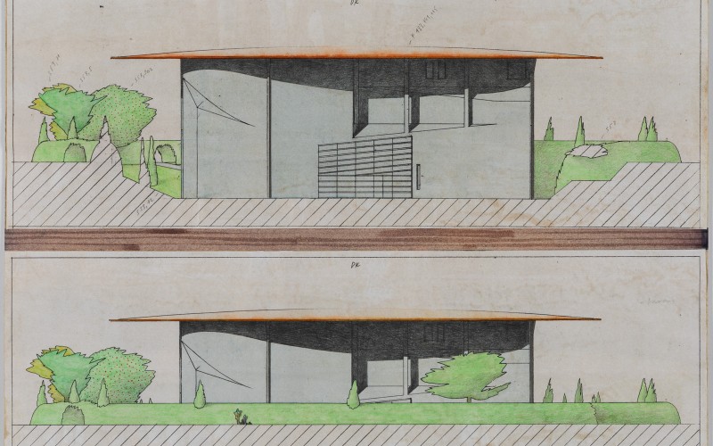 Ifj. Janáky István (1938-2012): EXPO ’96 Kulturális központ és színház, homlokzati tervek, 1995 k. Szén, ceruza, pausz. MÉM MDK Múzeumi Osztály, ltsz. 2023.13.42