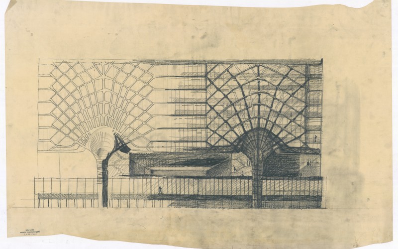 Pintér Béla (1925-1992): A pesti Vigadó felújításának és bővítésének terve, 1956-1957. Szén, ceruza, pausz. MÉM MDK Múzeumi Osztály, ltsz. 2023.24.1.2. Pintér Béla és Botló Márta hagyatéka, Pintér Ilona Eszter és dr. Pintér András Pál ajándéka