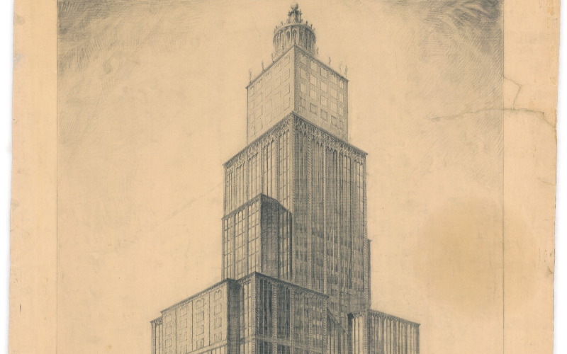 Gregersen Hugó: Felhőkarcoló terve a Rákóczi útra. Ceruza, papír, 1920-as évek vége. MÉM MDK, Gregresen-hagyaték, ltsz. 71.013.36