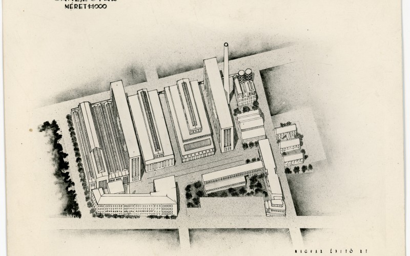 A Ganz „E” (Elektromossági) Gyár madártávlati nézete, 1948. Tervfotó Wolf Johanna hagyatékában, Vitányi Pál jóvoltából.