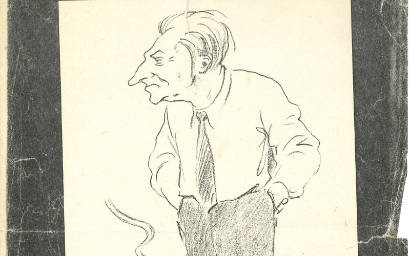 Szél Gyula karikatúrája 1953-ból. Fénymásolat Wolf Johanna hagyatékában, Vitányi Pál jóvoltából.