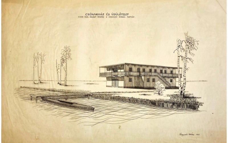 Csónakház és üdülőtelep látványterve. 1955. MOME Építészeti Intézet
