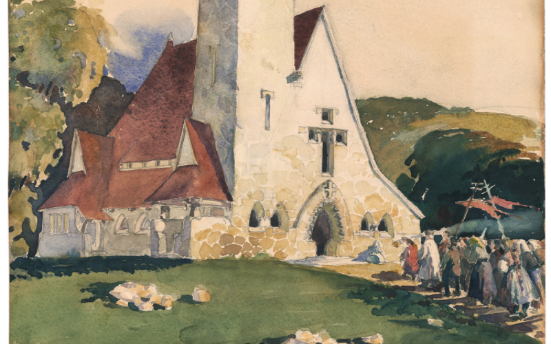 A Kós Károly, Jánszky Béla és Györgyi Dénes által tervezett, 1908 és 1909 között épült zebegényi templom Kós Károly akvarelljén. MÉM MDK Múzeumi Gyűjtemény, ltsz. 93.9.2.