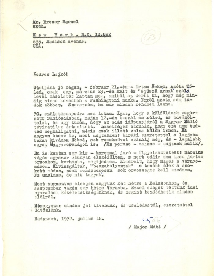 Major levelezéséből: levél Breuer Marcellnek, 1972. Major Máté hagyatéka, Major Ádám ajándéka, MÉM MDK Múzeumi Osztály
