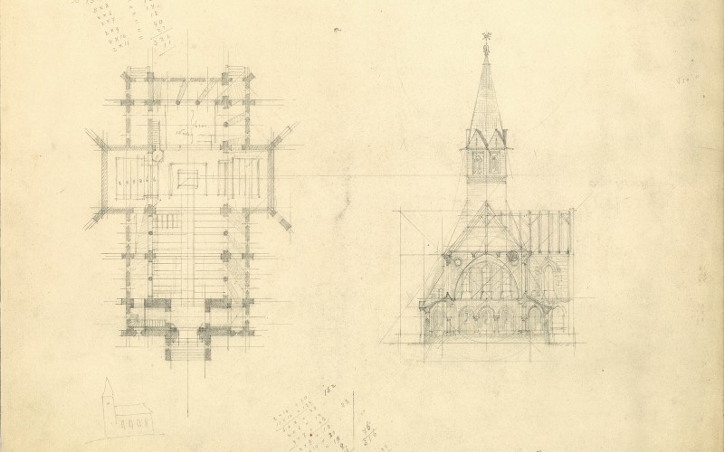 Schulek Frigyes vázlatrajza a szegedi református templomhoz, MÉM MDK Múzeumi Osztály