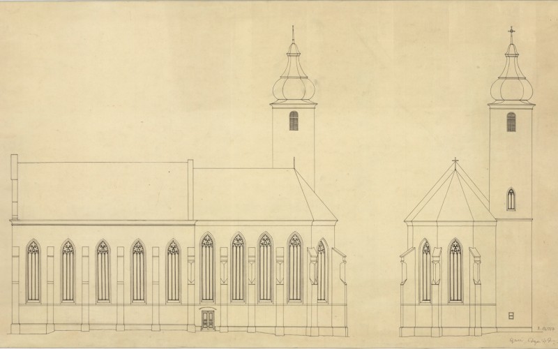 Egervár, r. k. templom, déli és keleti homlokzat MÉM MDK, Tervtár, ltsz. R 86557