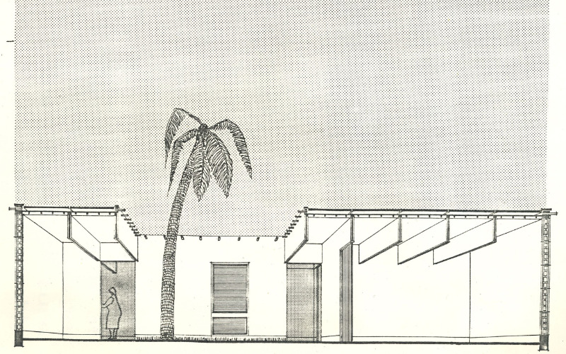 Illusztráció az Észak-Afrikába és a Közel-Keletre tervezett házakról. Párkányi Mihály: Prelimiary Studies for Sample Houses in Hot Arid Tropical Ares, Budapest, 1976. 20. o.
