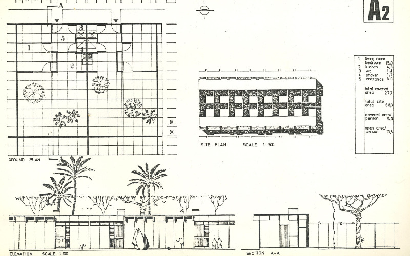 Illusztráció az Egyiptomba tervezett házakról. Párkányi Mihály: Prelimiary Studies for Sample Houses in Hot Arid Tropical Ares, Budapest, 1976. 48. o.