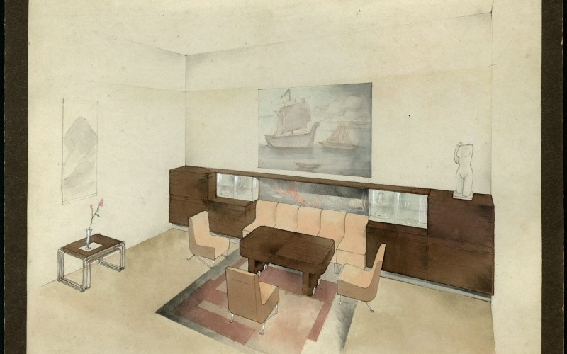 Belsőépítészeti látványterv. Révész Zoltán. 1930-as évek első fele. MÉM MDK Múzeumi Osztály