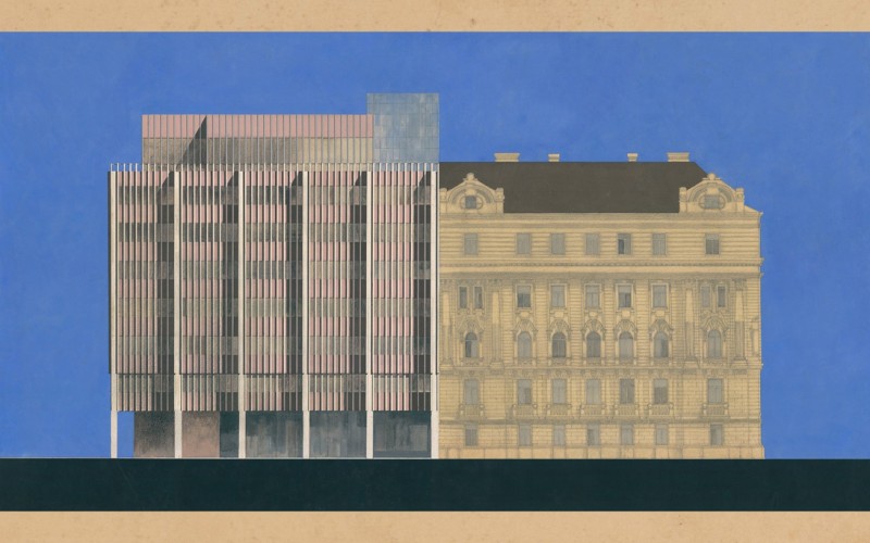 A Kossuth téri MTESZ székház dunai homlokzatának rajza