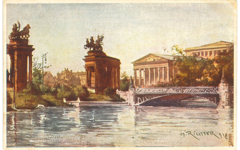 A Hősök tere és a Szépművészeti Múzeum képeslapon. Ifj. Richter A. festményével Budapest Székesfőváros Házi Nyomdájából, 1928 k.