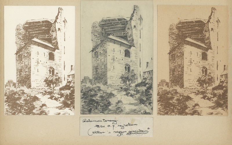 1. Lux Géza, Visegrád, Salamon-torony, monochrom színpróbák: összkép délről, 1924, MÉM MDK Tervtár, ltsz. K 3683.