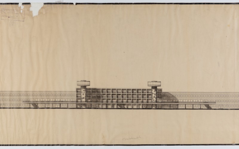 ifj. Dávid Károly: A Ferihegyi repülőtér repülőtér felőli homlokzata, 1947. MÉM Múzeumi Gyűjtemény