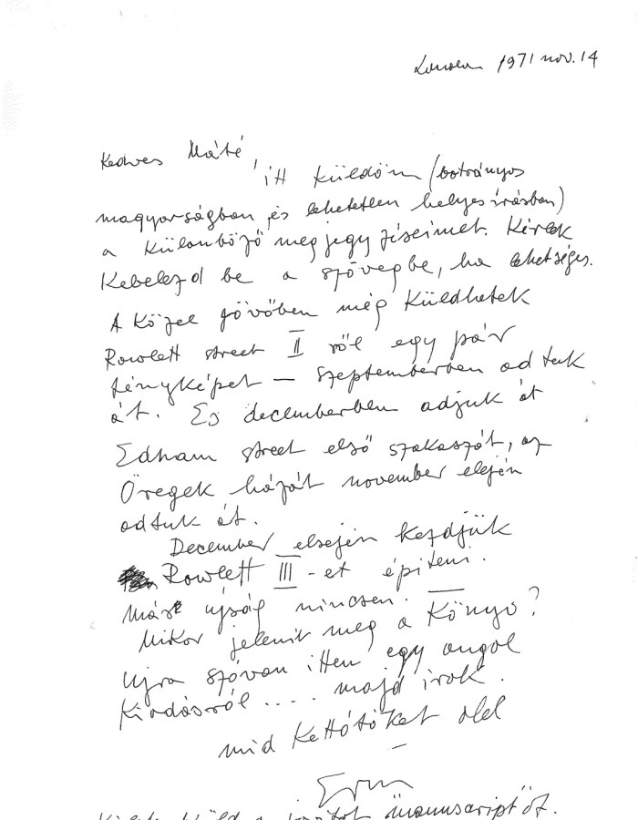 Goldfinger Ernő levele a Major Máté által írt monográfia kéziratához kapcsolódó javításokról, 1971. MDK Múzeumi Osztály, Major Máté archívuma