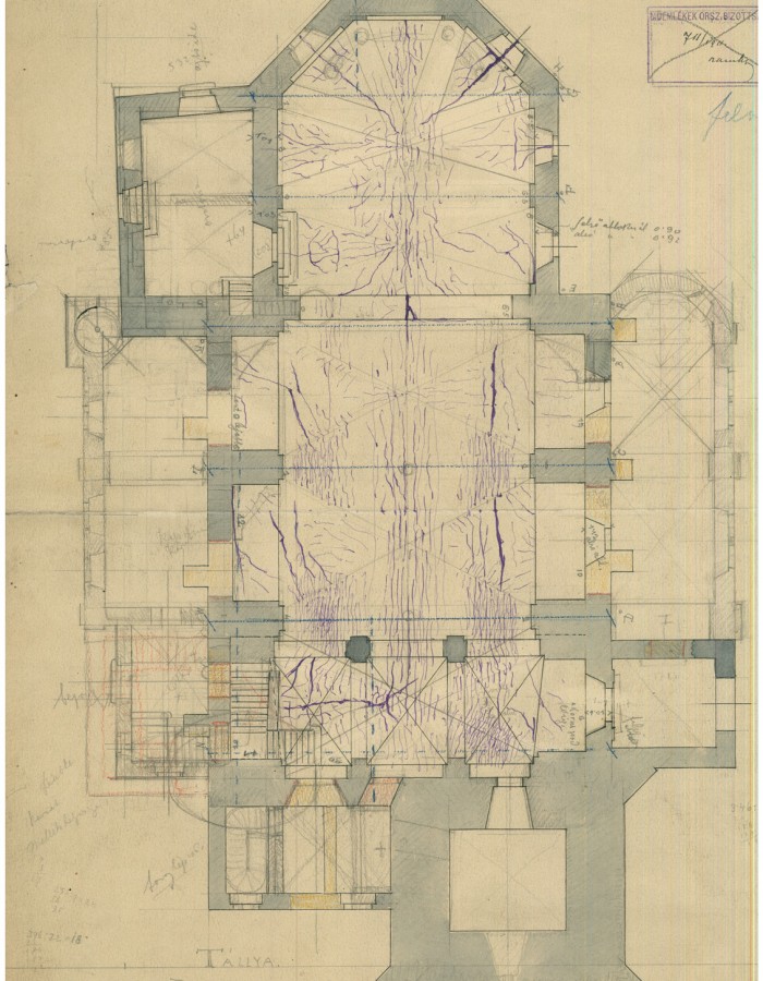 Bontási terv a boltozati repedések jelölésével. Sztehlo Ottó, 1911. MÉM MDK, Tervtár, ltsz. 7758R