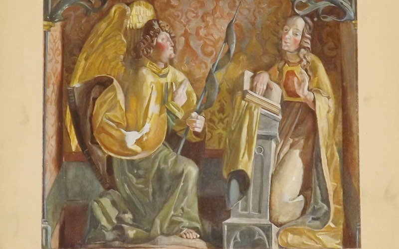 Hizsnyó, r. k. templom. Angyali üdvözlet-oltár, oltárszekrény (Gróh István, 1900, ltsz. FM 318)