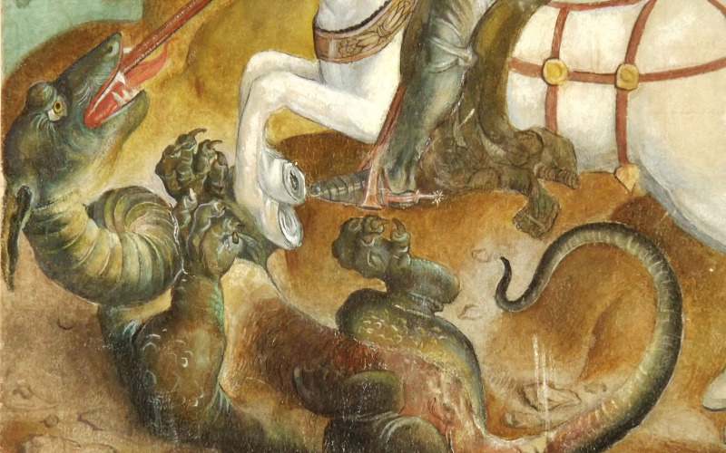 Hizsnyó, r. k. templom. Angyali üdvözlet-oltár, Szent György harca a sárkánnyal, részlet (Gróh István, 1902, ltsz. FM 272)